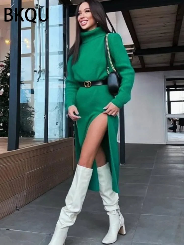 Women's Double Split Ribbed Sweater Midi Dress