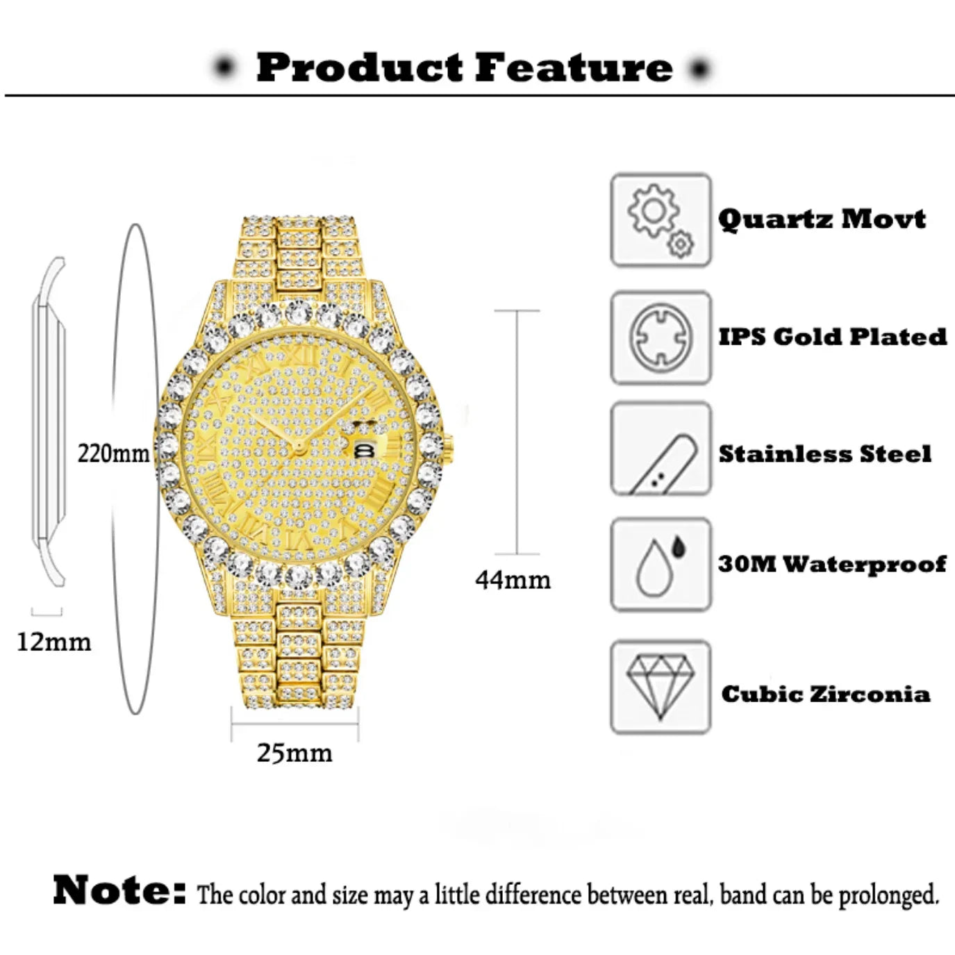 Bling Moissanite SS Quartz Calendar Watch