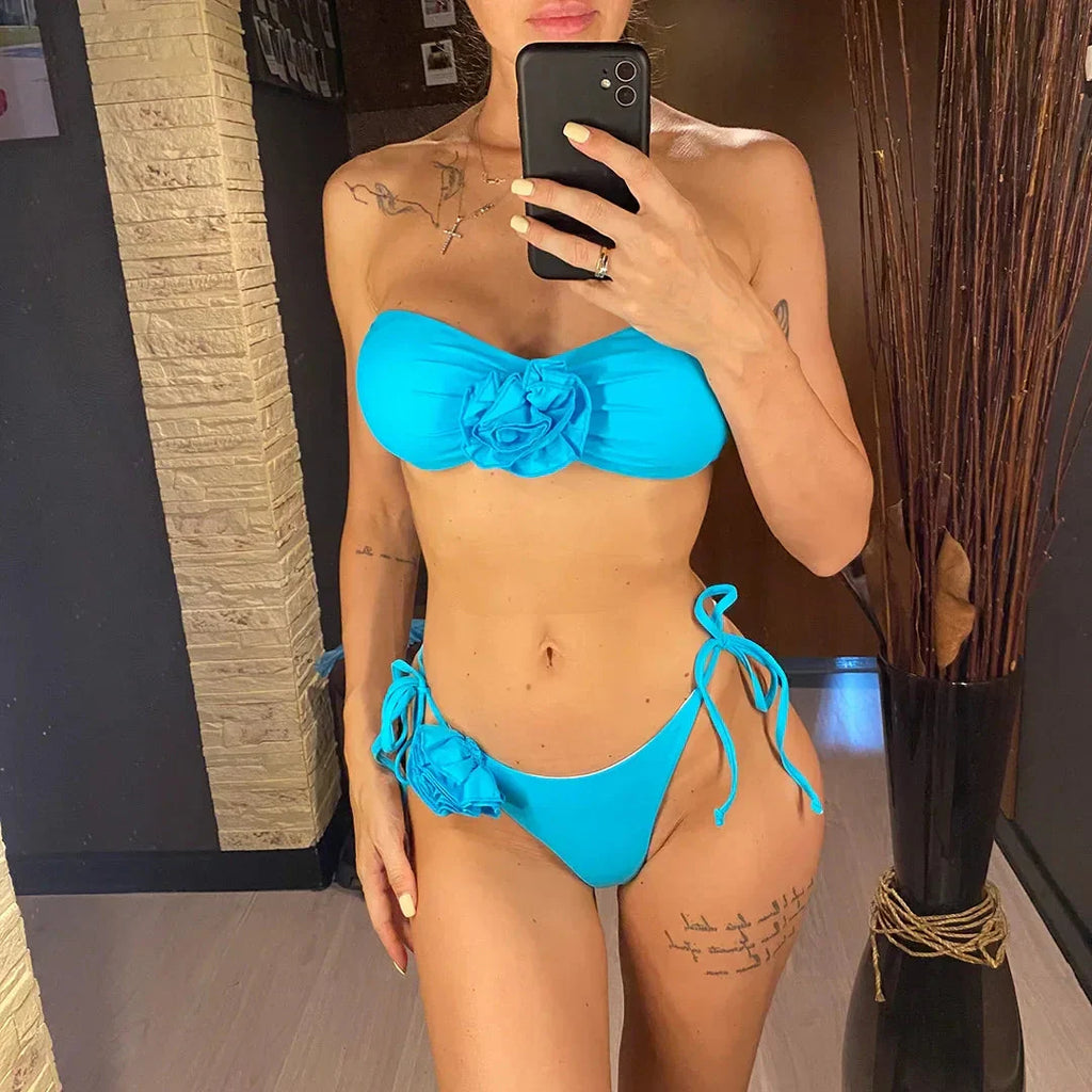 New 3D Flowers With Sarong Bandeau Bikini Female Swimsuit Women Swimwear Three-pieces Bikini set Bather Bathing Suit Swim V5526