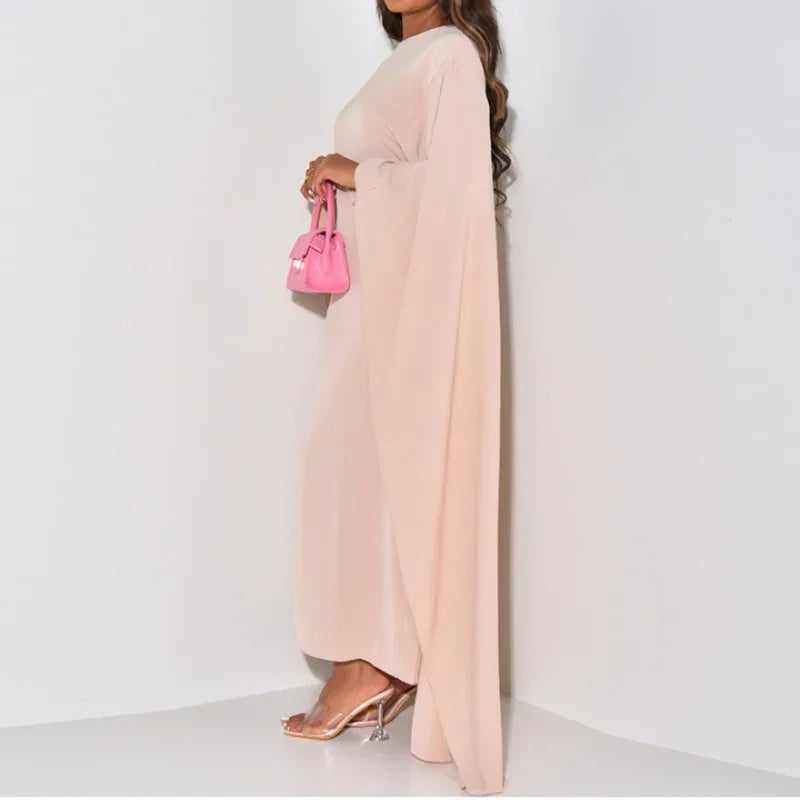 Chic Simple Basic Color Solid Long Robe Elegant O Neck Batwing Sleeve Commute Dress Casual Women Fashion Loose Swing Party Dress