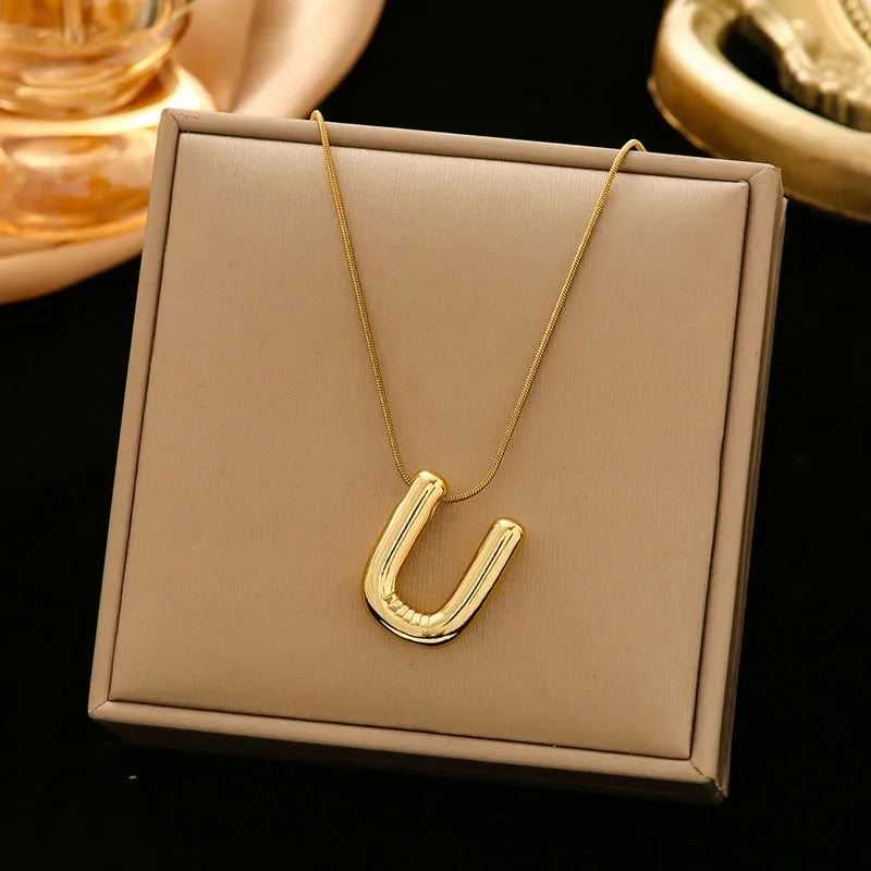 Stainless Steel Chain Gold Plated Letter Necklaces Chunky Alphabet Balloon Bubble Initial Pendant Necklace for Women Men Jewelry