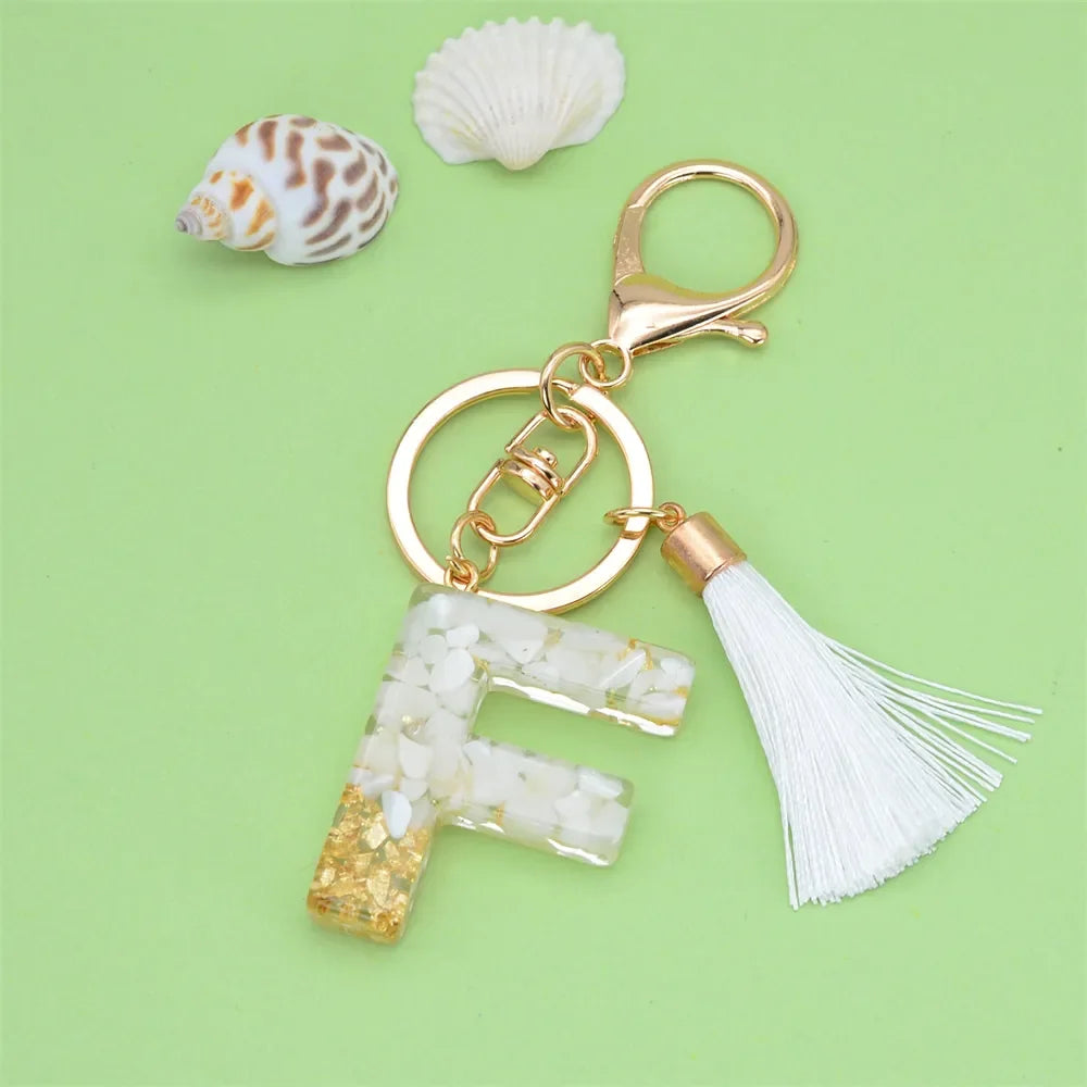 Fashion Bling A to Z Letter Keychain With White Tassel 26 Initial Keychain Car Key Holder Handbag Accessories