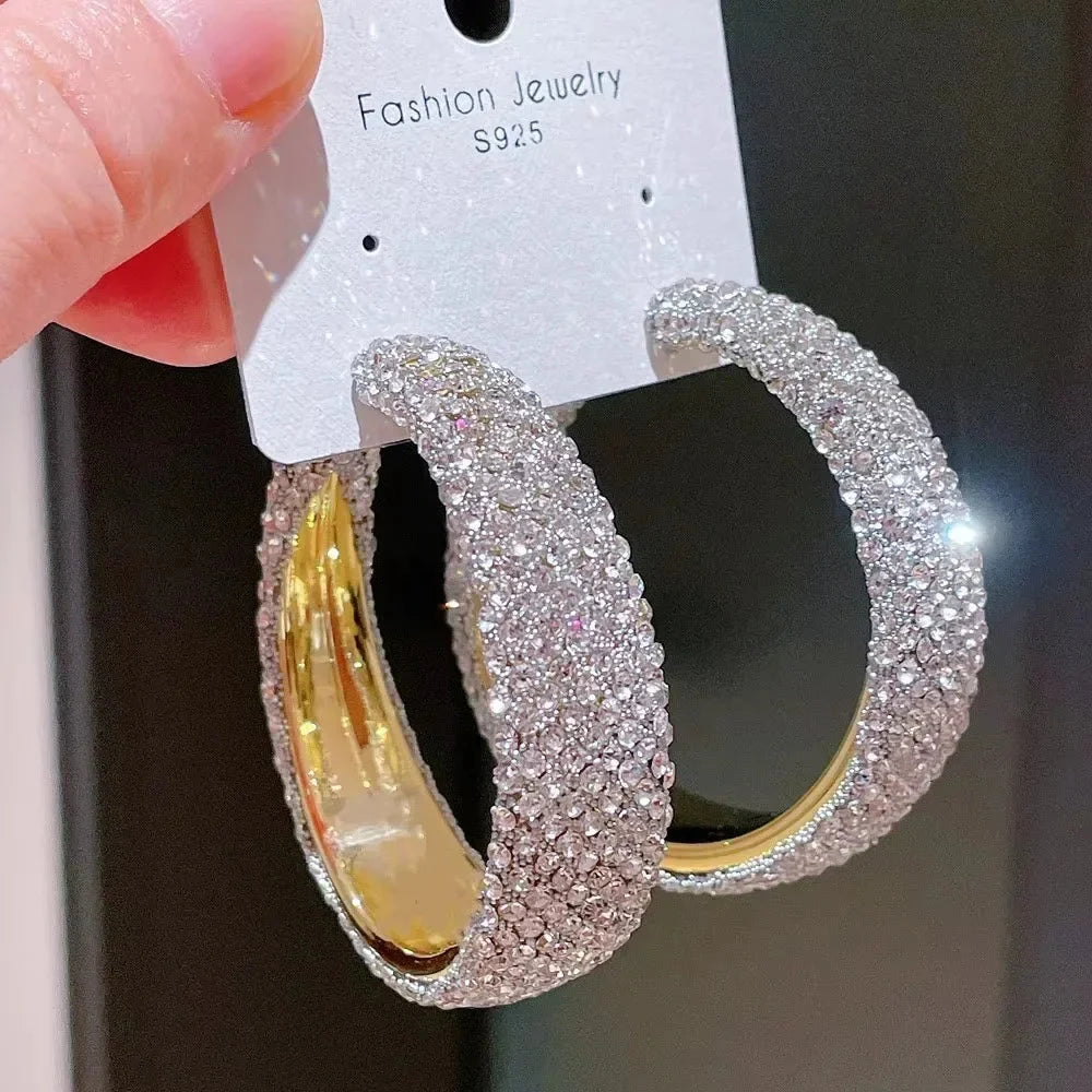 Exaggerate Shiny Rhinestones Big Hoop Earrings Geometric Round Unique Crystal Earrings Jewelry Accessories Jewelry Gifts