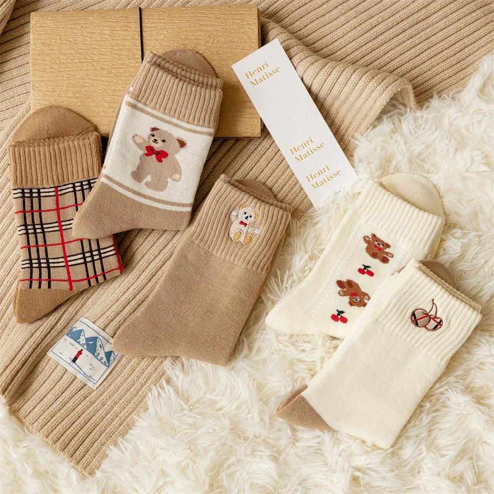 Geometric Lattice Fun Socks Japanese Style Embroidered Happy Fashion Spring Kawaii Harajuku Cotton Long Funny Autumn Female Cute