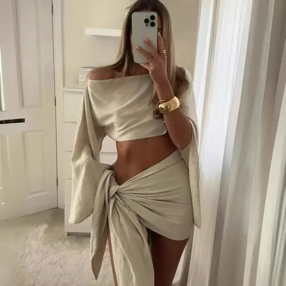Yellow Beach Skirt Sets Women Fashion Off The Shoulder Crop Top and Mini Skirt Outfits Summer Sexy Bandage Holiday Two Piece Set