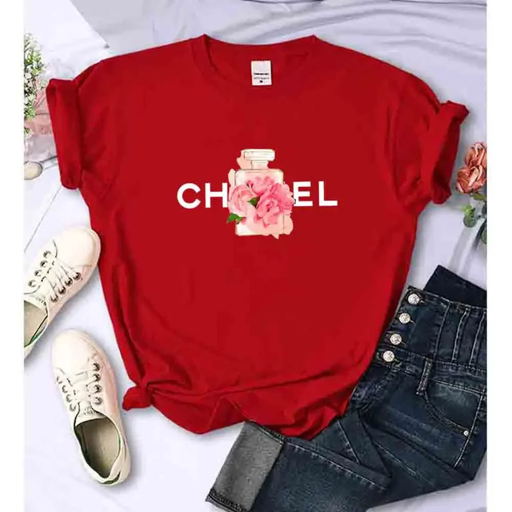 Women Summer T-Shirt Alphabet Flowers Perfume Print Cotton Tees Luxury Short Sleeve Tee Solid Color Street Y2K Top Female Cloth