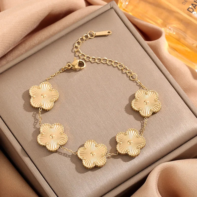 Shining Plum Blossom Plant Five Leaf Flower Plant Jewelry Set Bracelet Necklace Earrings Women's Stainless Steel Clover
