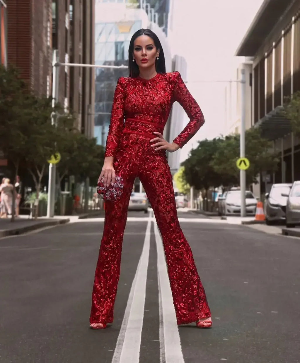 Elegant Lace Long Sleeve Bell-Bottom Jumpsuit