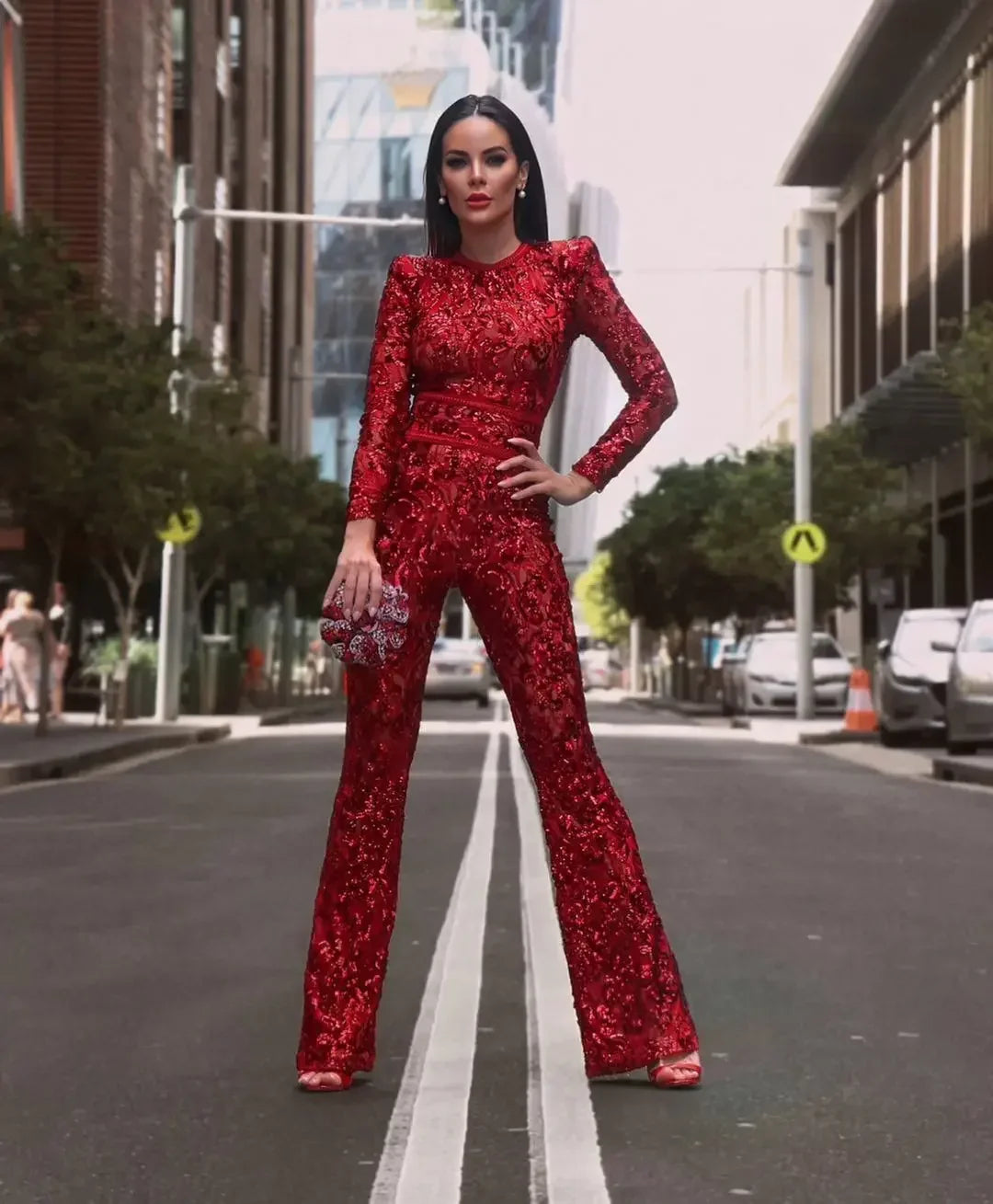 Elegant Lace Long Sleeve Bell-Bottom Jumpsuit