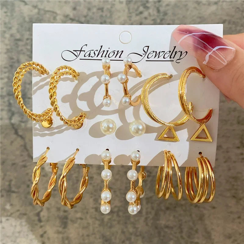 Boho Big Circle Hoop Earring Set for Women, Gold Color Bohemia Vintage Pearl Earring, Heart Zircon Ear Studs Jewelry Gifts