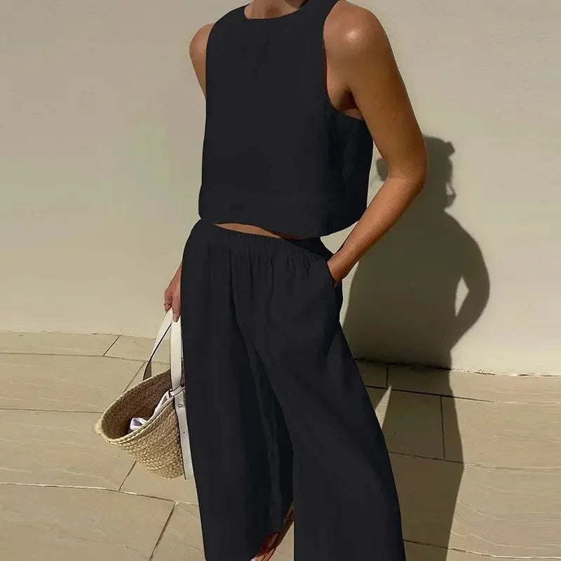 Summer Loose O-Neck Top Wide Leg Pants Two Piece New Elegant Pullover Pants Summer Suit Women Harajuku Style Cotton Linen Suit