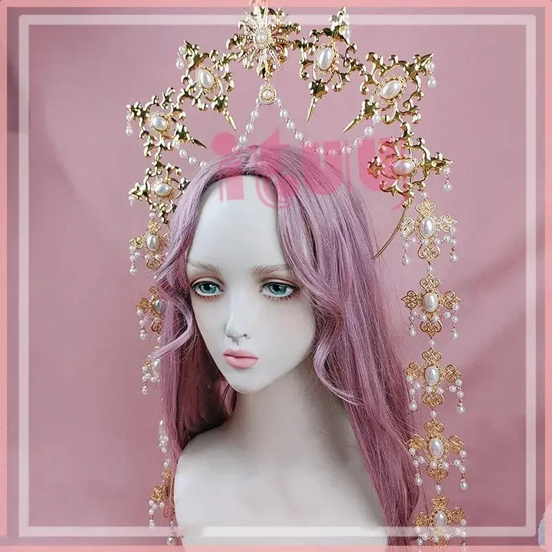 Sun Goddess Angel KC Halo Crown Headpiece Queen Anna Baroque Pearl Tiara Headband Lolita Collection Gothic Accessories