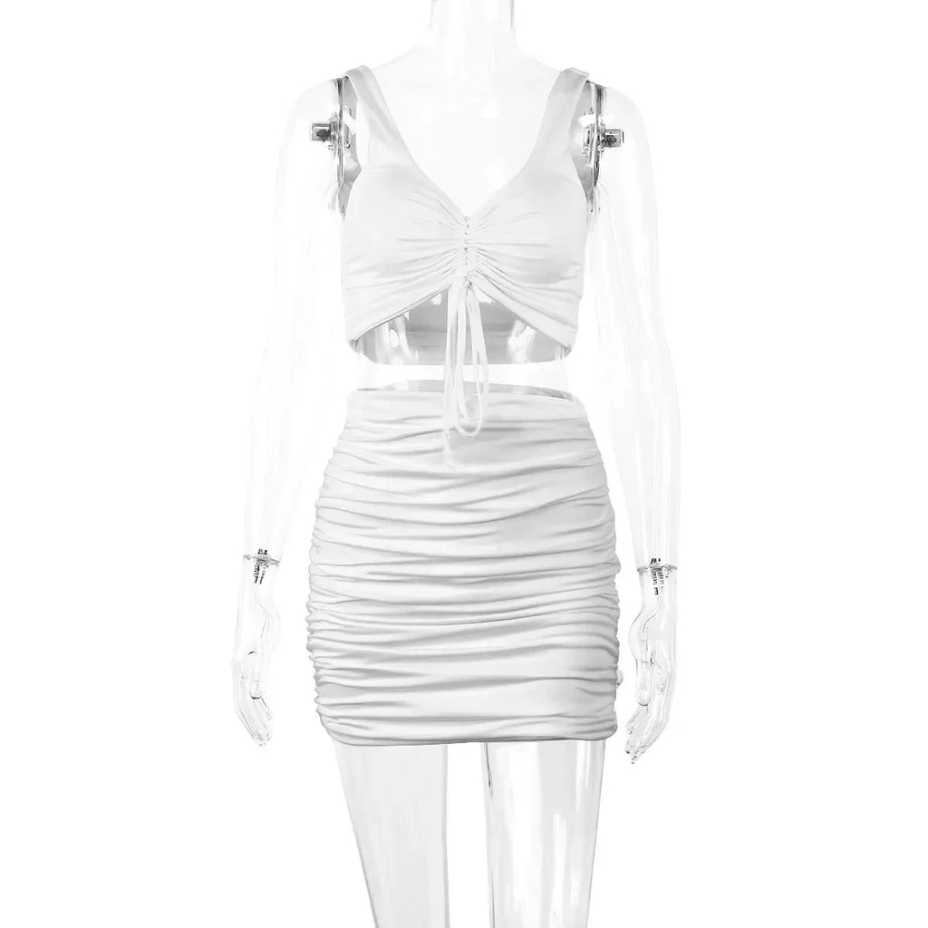 White Sexy Party Crop Top And Skirt Women Two Piece Sets 2023 Summer Outfits Body Club Tank Shirring 2 Piece Set For Women