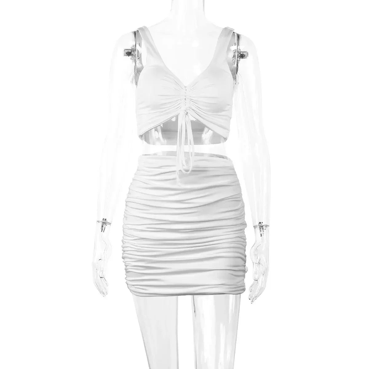 White Sexy Party Crop Top And Skirt Women Two Piece Sets 2023 Summer Outfits Body Club Tank Shirring 2 Piece Set For Women