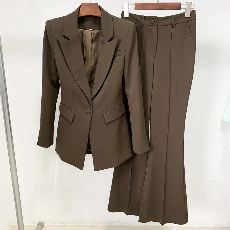 Single Button Flared Pants Blazer + Pants Suit Set