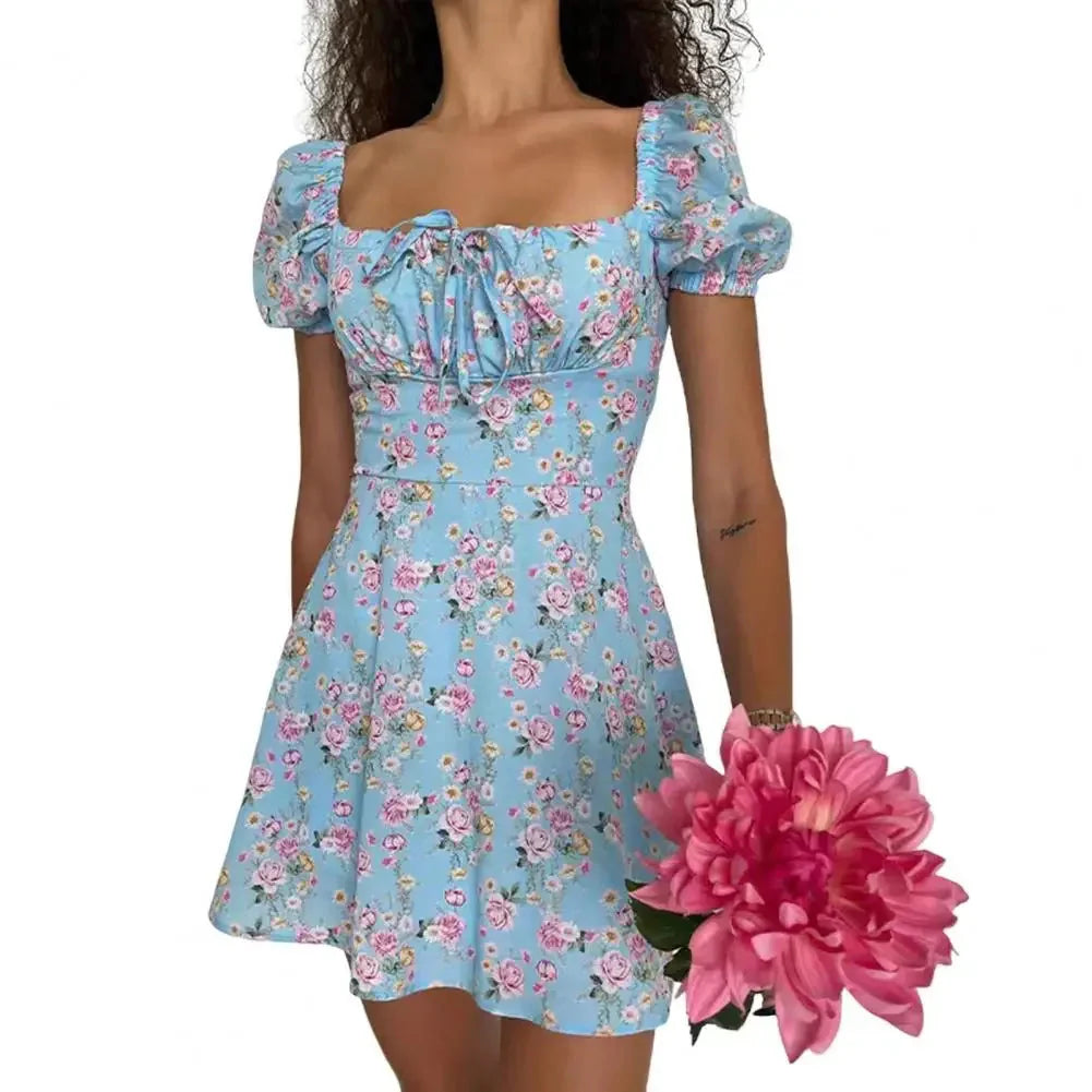 2024 New Summer Casual Off Shoulder Tie Up Floral Print A-Line Dress Sexy Women Short Sleeve Slim Mini Dress for Club Party