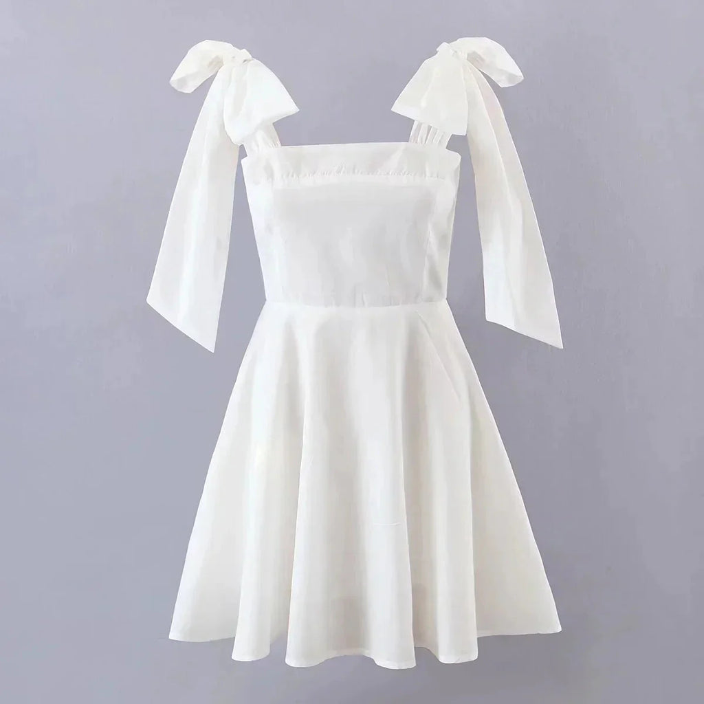 GypsyLady White Elegant Sexy Mini Dress Cotton Summer Holiday Women Dress Bow Tie V-neck Backless Ladies Party Dress Vestidos