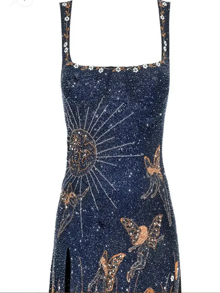 Fashion Square Neck Printed Slim Mini Dress Women Chic Split Sleeveless Backless Strap Dresses Summer Lady High Street Vestidos