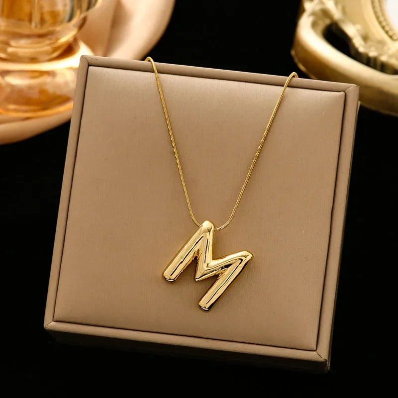 Stainless Steel Chain Gold Plated Letter Necklaces Chunky Alphabet Balloon Bubble Initial Pendant Necklace for Women Men Jewelry