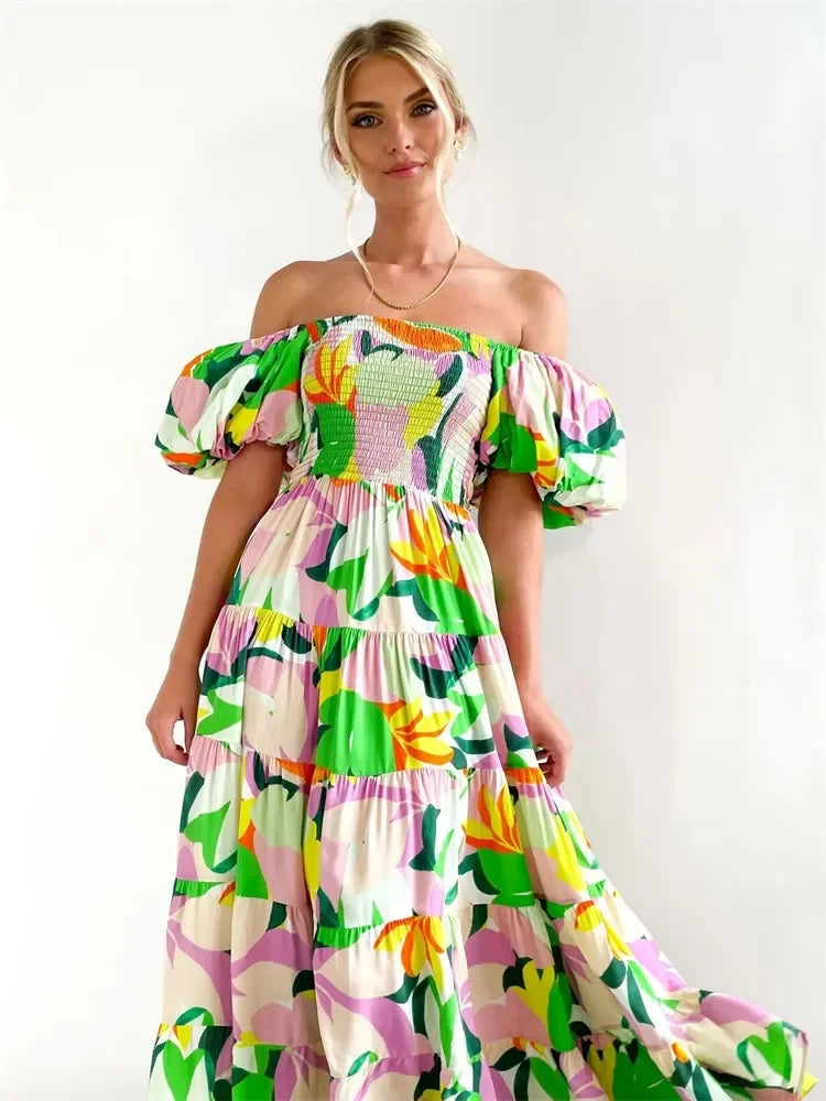 New style bubble sleeve holiday slim long skirt spice girl high waist one shoulder print dress