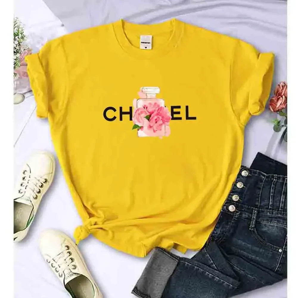 Women Summer T-Shirt Alphabet Flowers Perfume Print Cotton Tees Luxury Short Sleeve Tee Solid Color Street Y2K Top Female Cloth