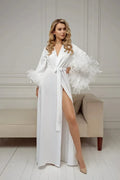 Feather Trim Floor Length Wedding Dressing Gown White Boudoir Satin Kimono Bridal Robes Long Silk Bridesmaid Gift Robe