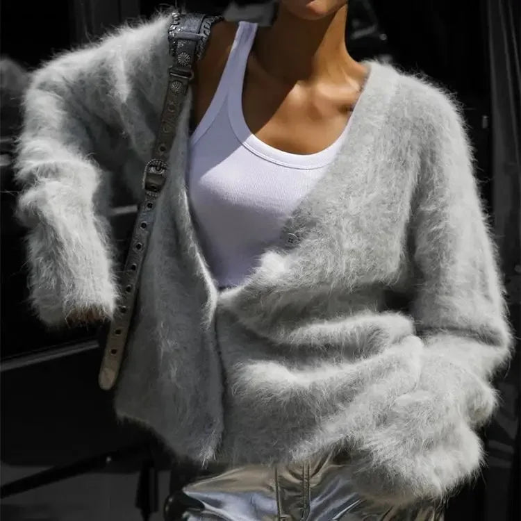 Aynaray 2023 Autumn Winter Korean Women Solid Knitted Cardigan Casual Loose Long Sleeve V-neck Sexy Sweater Female