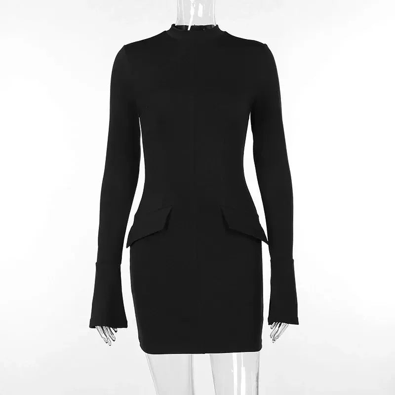 Women Elegant Dark Blue Commuting Mini Dress 2023 Autumn Sexy Pocket Long Sleeve Bodycon Dresses Lady Chic Party Club Robe