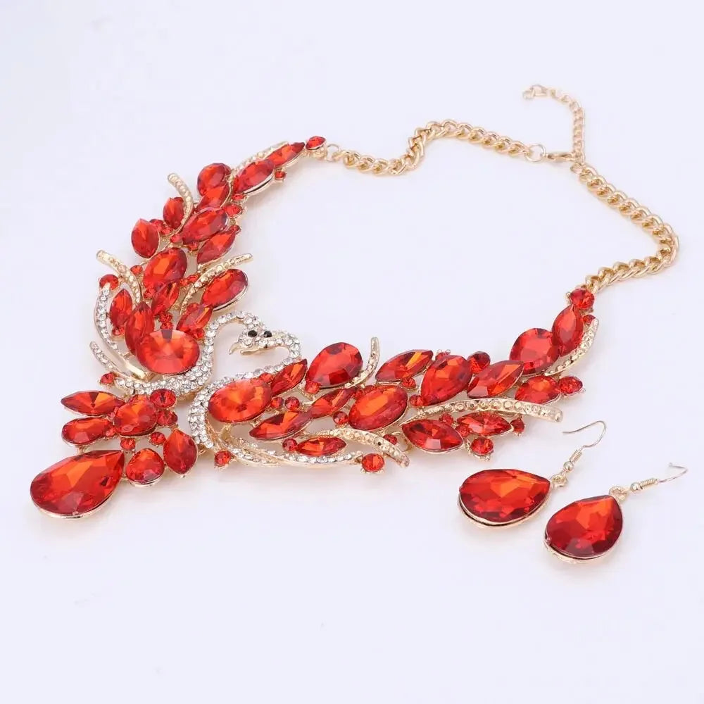 Crystal Bridal Jewelry Sets Gold Color Swan Pendant Necklace Women Gift Party Wedding Prom Necklace Earring Accessories