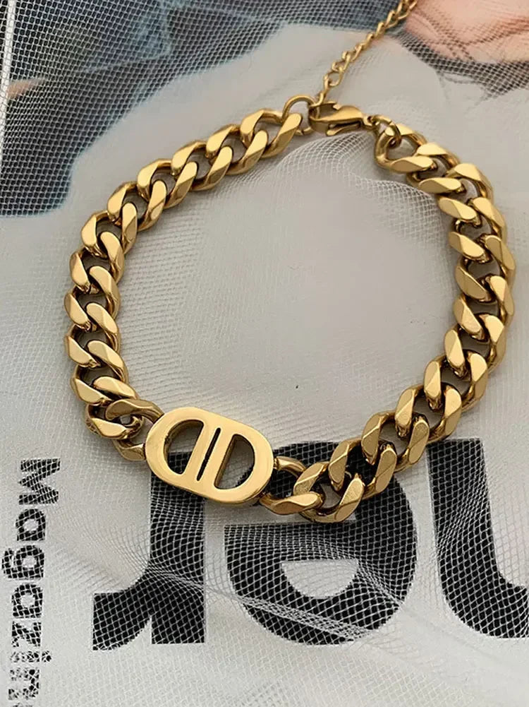 Cocoguchi golden color Thick Letter  Titanium Steel Necklace & Bracelet for Women four sealsonal wearage popular fashion jewelry