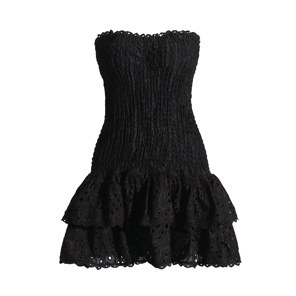 TWOTWINSTYLE Cut Out Layered Hem Sexy Dress For Women Strapless Sleeveless Off Shoulder High Waist Mini Dresses Female Clothing