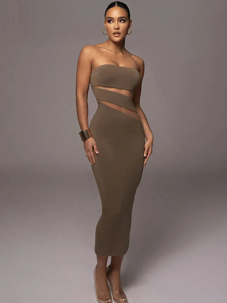 Sexy Mesh Patchwork Bodycon Dress Women Off Shoulder Strapless Backless Dresses 2023 Summer Female Elegant Party Vestidos