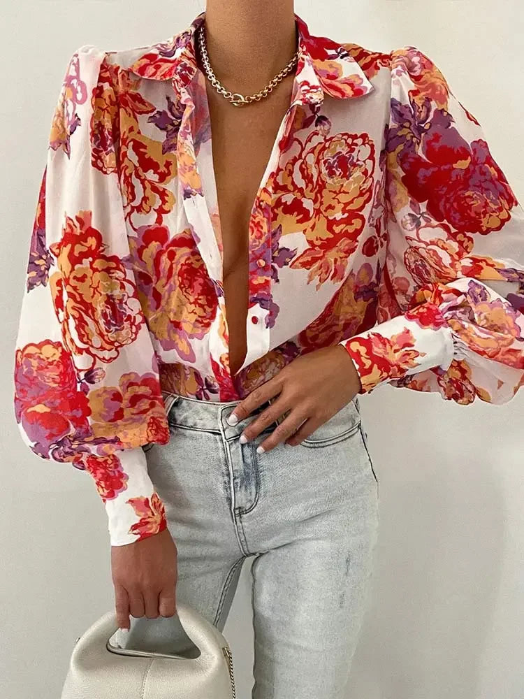 Women's Floral Print Puff Sleeve Shirt Female Elegant Casual V Neck Shirts 2023 Spring Summer Ladies Tops Blouses Vintage Blouse
