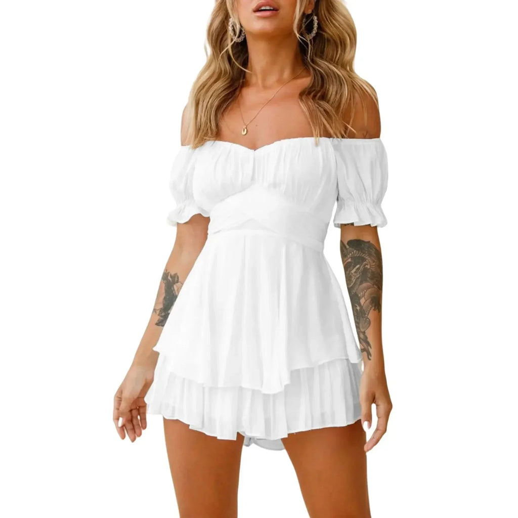 Women s Boho Off Shoulder Romper Double Layer Ruffle Hem Lantern Long Sleeve Waist Tie Back Chiffon Short Jumpsuits
