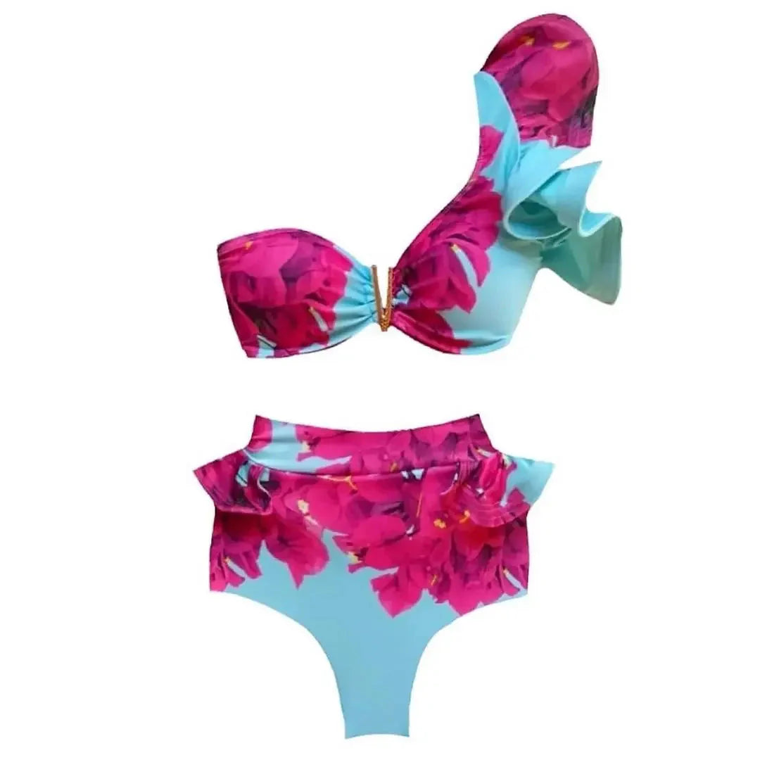 2024 Sexy Bikini Set Women High Waist Classic Off Solid Ruffle Sleeves Swimwear Red Separate Deep V Swimsuit Vintage Beach Set