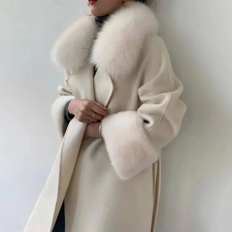 2024 Women Fashion Cashmere Coats 100% Real Mink Fur Cuff Long Outerwear Wool Jackets Fox Collar Lady Clothing