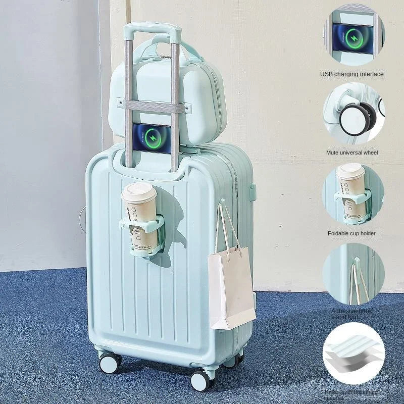Large Pastel Suitcase With USB Charging Port & Cup Holder