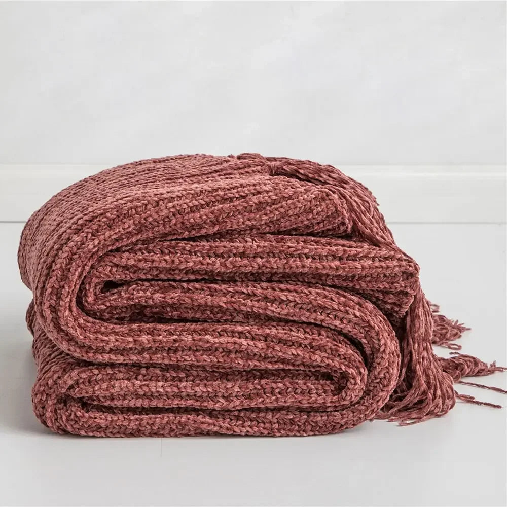 Chunky Knit Chenille Blanket With Pompoms