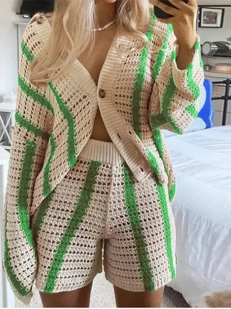 Fashion Hollow Stripe Shirts 2 Piece Sets Chic V Neck Half Sleeves Wide Leg Pants Suits 2024 Summer Female Beach Vacation Outfit