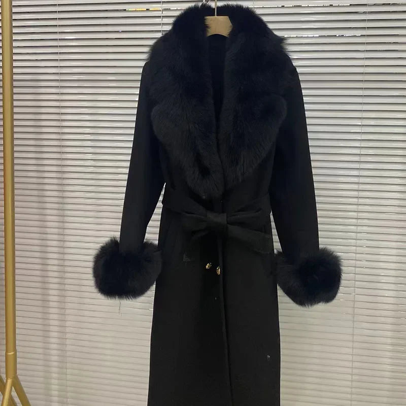 Long Wool Cashmere Blended Coat Real Fox Fur Cuffs & Collar