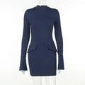 Women Elegant Dark Blue Commuting Mini Dress 2023 Autumn Sexy Pocket Long Sleeve Bodycon Dresses Lady Chic Party Club Robe