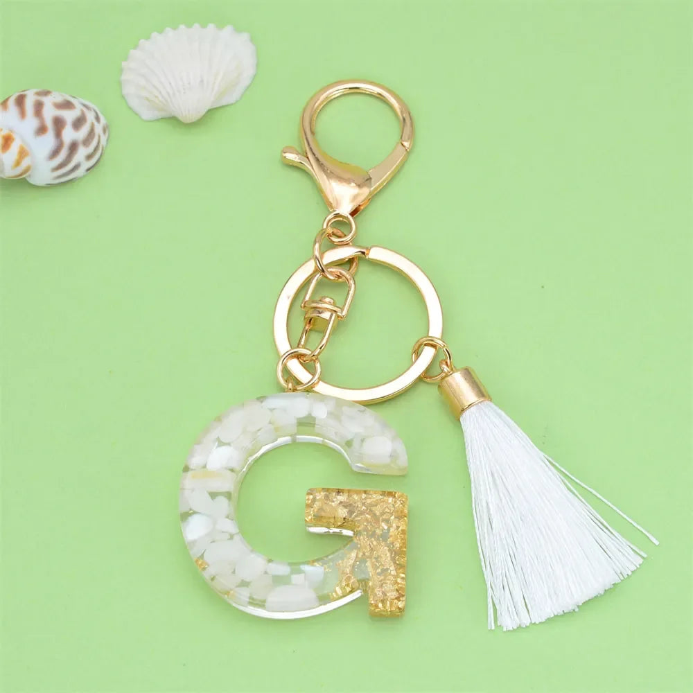 Fashion Bling A to Z Letter Keychain With White Tassel 26 Initial Keychain Car Key Holder Handbag Accessories