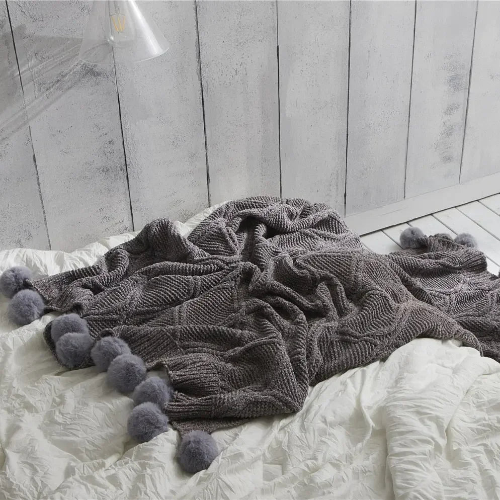 Chunky Knit Chenille Blanket With Pompoms