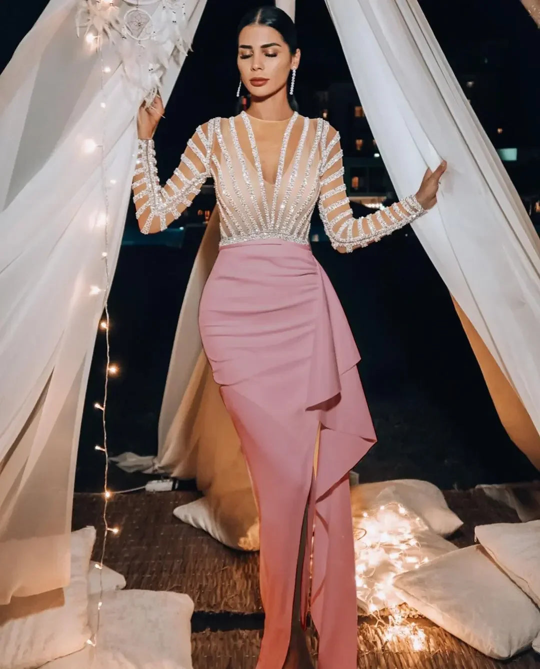 Elegant Mermaid Long Sleeve Floor-Length Chiffon Party Prom Dress