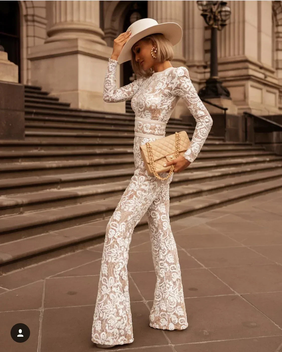 Elegant Lace Long Sleeve Bell-Bottom Jumpsuit