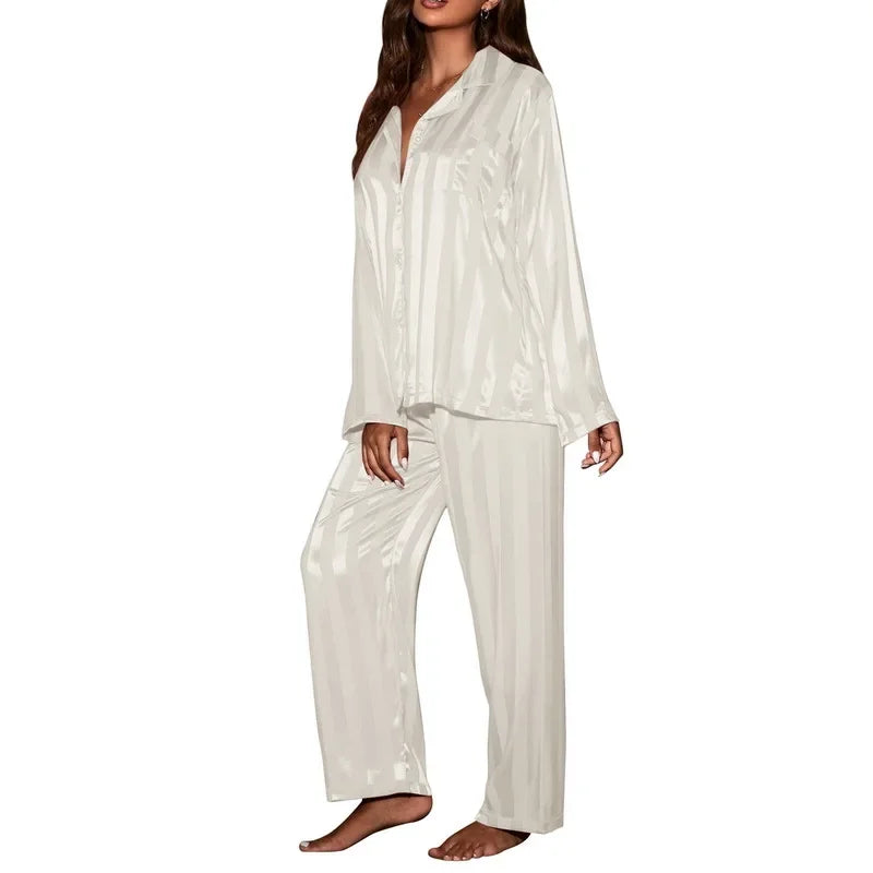 Women's striped pajama set, solid French silk satin pajamas, two piece set, comfortable home pajamas