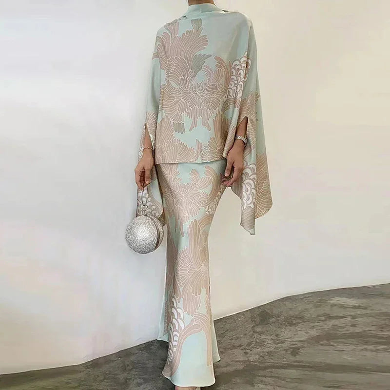 Satin Elegant Blouse & Slim Long Skirt Suit
