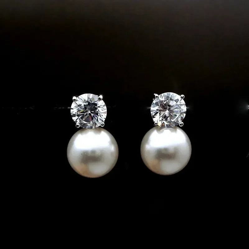 Huitan Simple and Elegant Imitation Pearl with Round CZ Design Earrings for Women Silver Color Fashion Versatile Ladies Jewelry