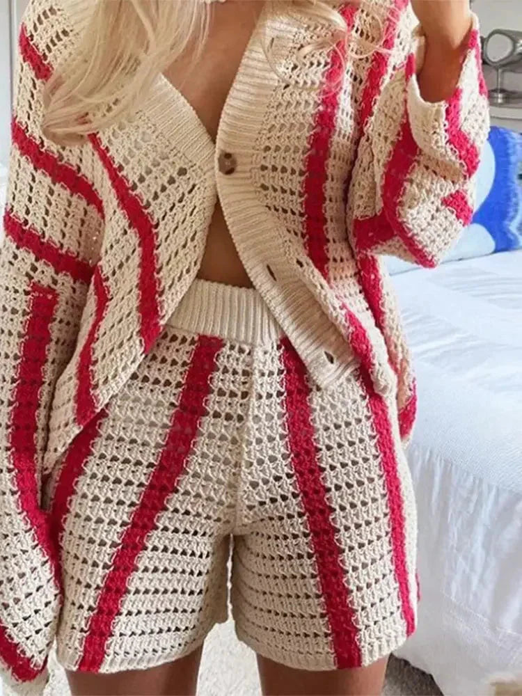 Fashion Hollow Stripe Shirts 2 Piece Sets Chic V Neck Half Sleeves Wide Leg Pants Suits 2024 Summer Female Beach Vacation Outfit