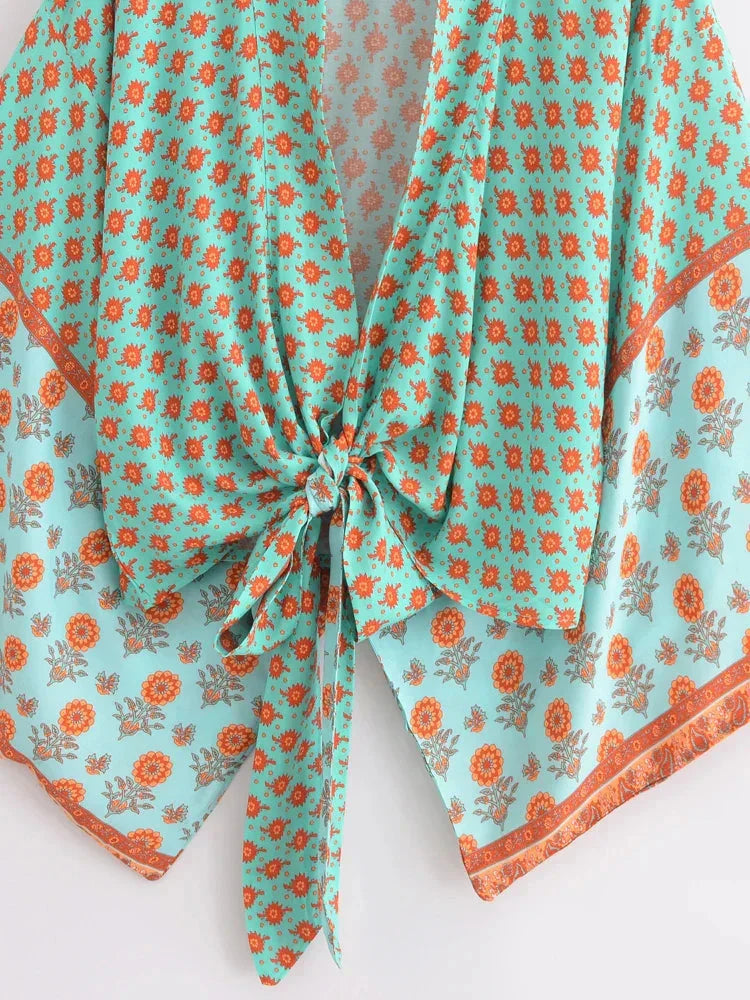 Vintage Green Floral Boho Kimono Short Beach Robe